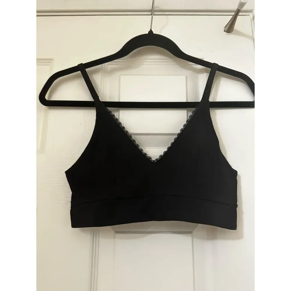 NWT Pact Sz S Black Organic Cotton Pretty Plunge Lace Trim Wireless Bralette - Picture 6 of 9